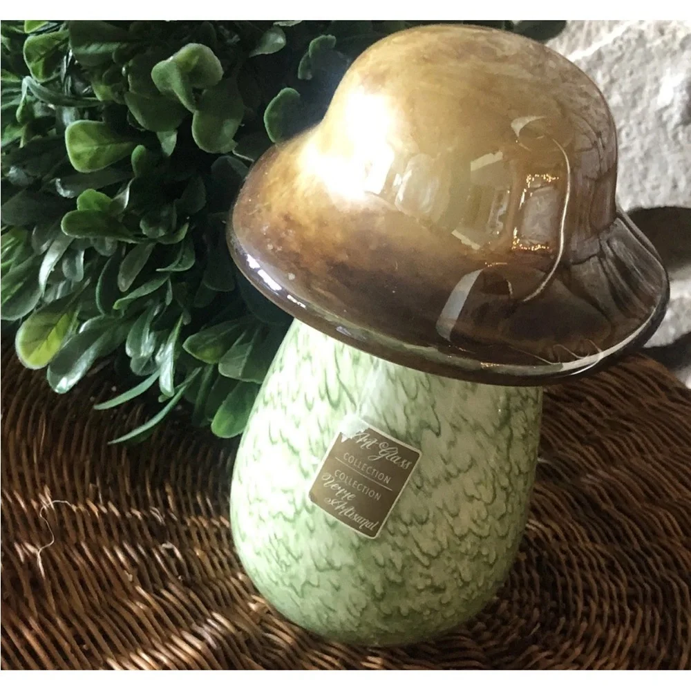 Pier1 Imports Art Glass Collection Mushroom Decor Green Brown 4.5